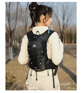 Black mesh running backpack for marathon and outdoor hiking sports with breathable straps.
