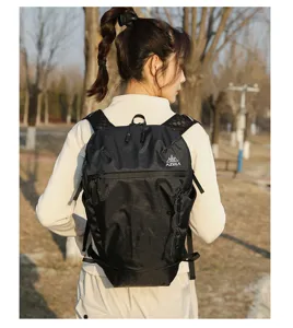 Black outdoor hiking backpack with grid pattern, durable sports daypack for camping and trekking.