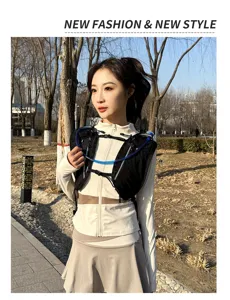 Outdoor running hydration backpack with water bladder tube, breathable mesh sports vest for marathon.