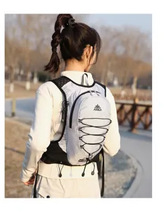 Outdoor marathon running hydration backpack detail view, breathable mesh and cords.