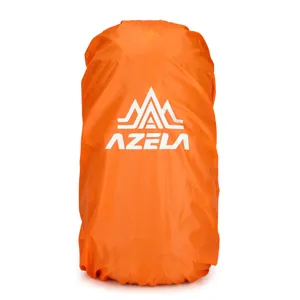 Orange waterproof backpack cover with logo for outdoor hiking, camping and traveling gear.