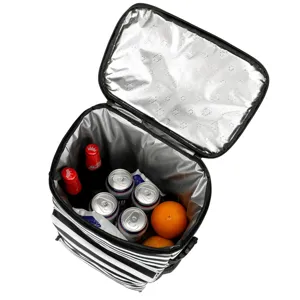 Black and white striped cooler bag, large capacity thermal insulated picnic bag for outdoor camping.