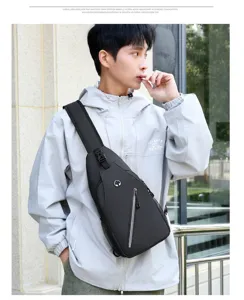 Men black sling chest bag detail showing durable nylon fabric, zipper pocket and casual style.