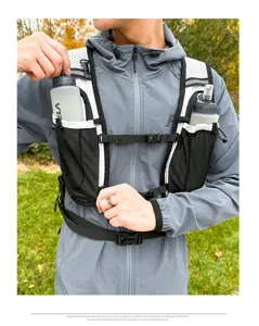 Breathable nylon running hydration vest with dual front water bottle pockets for outdoor sports.