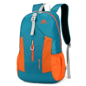 Lightweight outdoor hiking backpack, blue and orange color, 29L capacity, travel daypack.