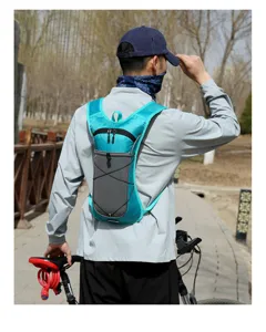 Outdoor cycling hydration backpack detail, breathable mesh shoulder straps and zippered pocket.