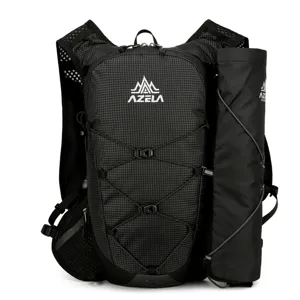 Black trail running backpack vest with breathable mesh and side pouch for outdoor sports.