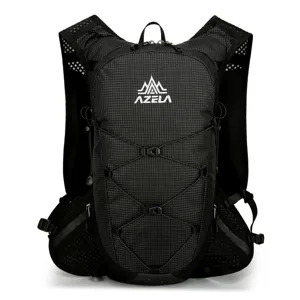 Black running hydration backpack with breathable mesh straps and bungee cords for outdoor sports.