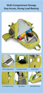 Large capacity outdoor hiking backpack with multiple storage pockets and durable waterproof fabric.