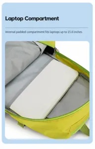 Backpack interior laptop compartment detail showing 15.6 inch capacity and multi-layer design.
