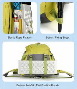 Outdoor hiking backpack detail view showing elastic fixing cord and bottom strap system.
