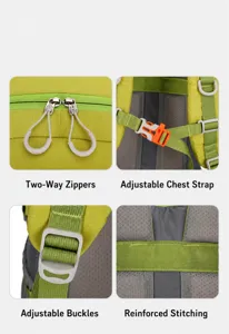 Close-up details of outdoor hiking backpack featuring dual zippers, adjustable chest and strap buckles.