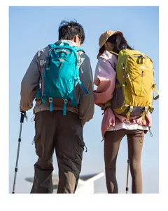 Outdoor hiking backpack detail view, large capacity multi-functional travel rucksack in action.