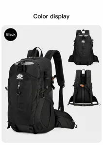 Detailed view of the black multi-functional mountaineering backpack, large capacity.
