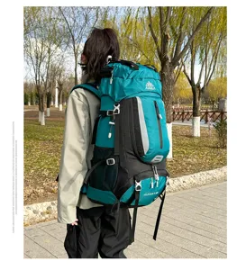 Outdoor hiking backpack detail shot, showing large capacity, water-resistant material and straps.