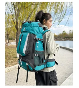 Outdoor hiking backpack detail shot, 60L capacity, waterproof design with multiple pockets.