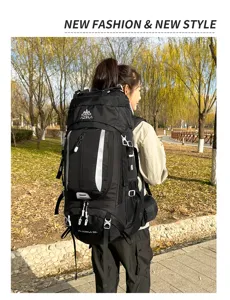 Outdoor hiking travel 60L waterproof backpack detail view showing large capacity and straps.