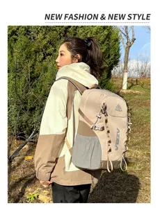 Spacious outdoor hiking backpack with multi-functional straps and mesh pockets for travel.