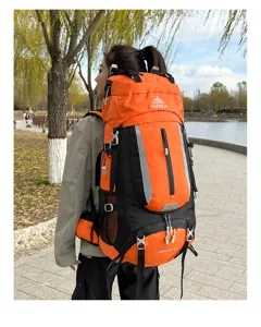 AZELA 60L outdoor hiking backpack detail view showcasing multi-pocket design and durable straps.