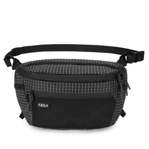 Black grid crossbody bag, lightweight outdoor sling pack with front mesh pocket and adjustable strap.