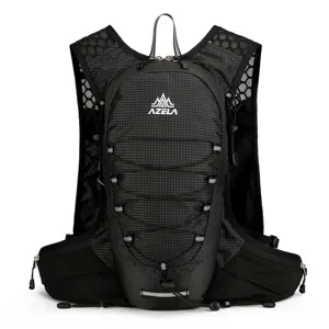 Black running hydration backpack, breathable mesh marathon vest pack for outdoor sports hiking.
