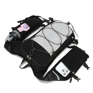 Professioneller Lauf-Trinkrucksack mit mehreren Taschen, atmungsaktivem Mesh und Kordelzügen.