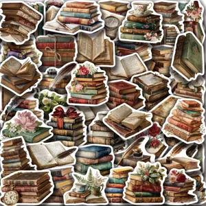 Detailed view of vintage book stickers, waterproof retro journal and stationery decals.