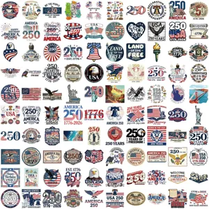 Detailed view of US 250th anniversary waterproof sticker assortment, patriotic decals for decor.