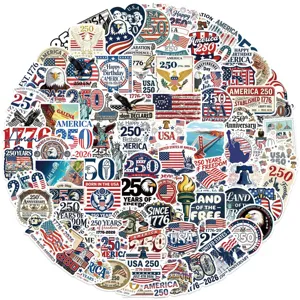 Detailed shot of American 250th anniversary waterproof sticker collection, diverse designs.