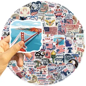 Detail view of USA 250th anniversary waterproof sticker set for laptop and skateboard.
