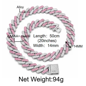 Rosa und weisse Kristall kubanische Kette Haustier Halsband 50cm 14mm Metall fuer Hunde