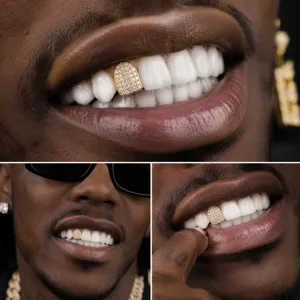 Hip hop χρυσό grillz μονής δοντιού με λαμπερές πέτρες, ανδρικό κόσμημα δοντιών μόδας.
