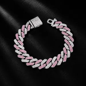 Strass Kubanische Kette Haustierhalsband Detailansicht, 13mm rosa und weiße Kristall-Legierung.