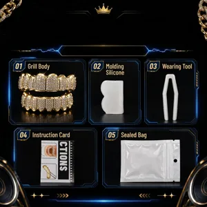 Detailed view of 18K gold hip hop teeth grillz set with custom silicone and fitting tools.