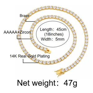 Men's hip hop 5mm iced out tennis chain necklace in 14K gold plated brass with AAAAA zircon.