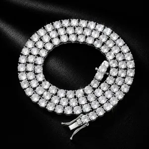 Detailed view of 5mm hip-hop tennis necklace with cubic zirconia in shiny silver finish.
