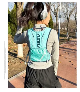 Azela running vest backpack detail, lightweight mesh design for outdoor marathon and hiking.
