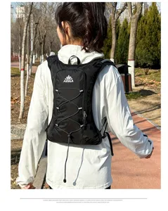 Black hydration backpack for running, cycling, and outdoor sports with lightweight breathable mesh.