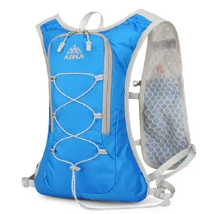 Blue hydration backpack for running, cycling and outdoor sports with breathable mesh straps.