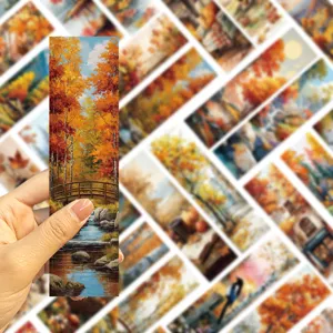 Autumn landscape bookmarks featuring bridge and stream, perfect for reading and gifts.