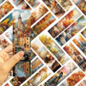 Close-up detail of autumn landscape art bookmark set, creative vintage painting stationery.