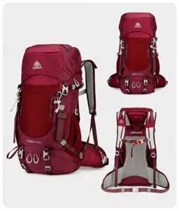 Detailansicht des weinroten 35+5L Outdoor-Wanderrucksacks mit atmungsaktivem Rückensystem.