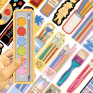 Creative art themed paper bookmarks set featuring watercolor palettes and paintbrushes for reading lovers.