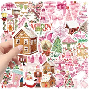 Autocollants de Noël roses imperméables mignonne maison en pain d'épices pour coque.