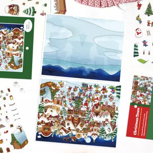 Christmas town 3D DIY scene sticker set details, featuring PET sticker sheets and background cards.