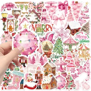 Autocollants Noel rose impermeable pack de stickers en vinyle pour telephone valise 50p