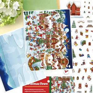 Details of Christmas town 3D DIY sticker set, showing miniature house and festive scenes.