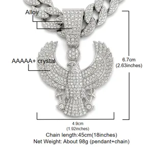 Collier pendentif aigle égyptien hip hop, bijoux homme en alliage avec cristaux.
