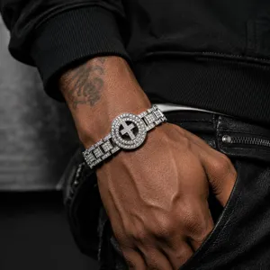 Bracelet de croix tournant hip hop homme argent strass bijoux de poignet rappeur