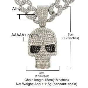 Iced out rhinestone skull pendant necklace for men hip hop alloy silver chain detailed view